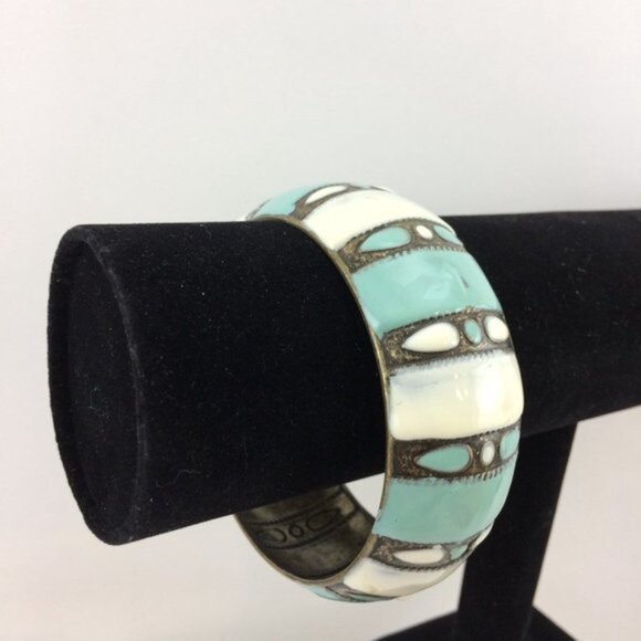 Blue and White Multi Strand Beaded Necklace with Metal Striped Bangle Bracelet - Picture 3 of 12